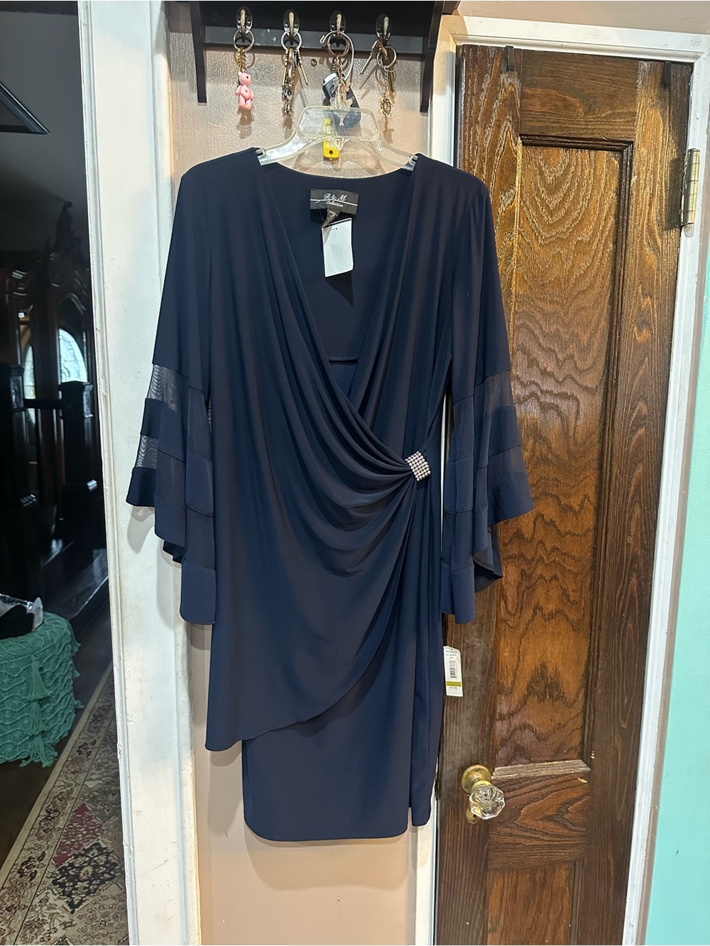 R&M Collection Navy Draped Midi Dress with Rhinestone Pin